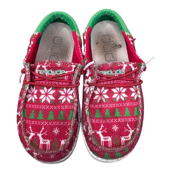 Hey Dude Wally Youth Christmas Reindeer Print Shoes Size 12K Red & Green 12 Kids - Picture 3 of 8